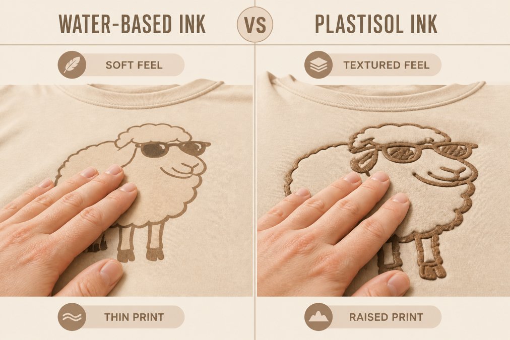 Comparison diagram showing the tactile difference between thin water-based ink and raised plastisol screen prints.