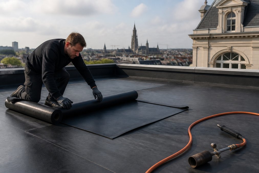 Een dakwerker in werkkledij installeert een nieuwe EPDM dakbedekking op een plat dak van een Belgisch herenhuis, met op de achtergrond de Antwerpse skyline