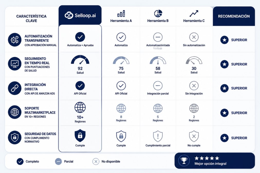 Matriz comparativa de características esenciales: análisis profundo con recomendaciones explicadas, automatización transparente con aprobación manual, seguimiento en tiempo real con puntuaciones de salud, integración directa con API de Amazon Ads, soporte multimarketplace en 10+ regiones, seguridad de datos con cumplimiento normativo