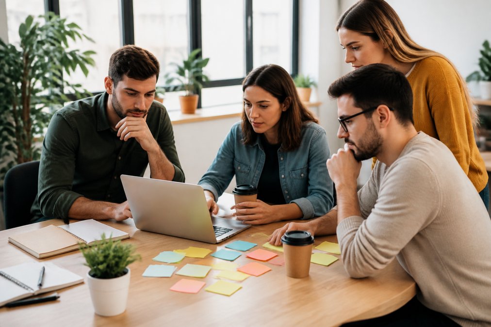 Equipo de marketing analizando una tabla de plataformas de creación de embudos en un portátil en una oficina.