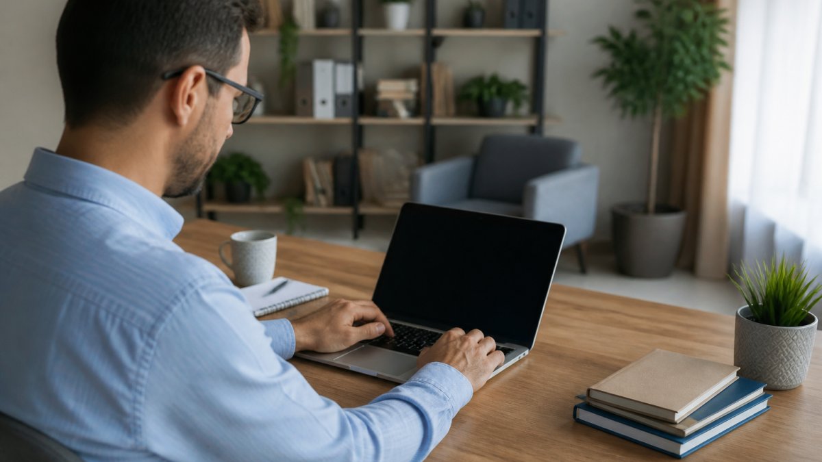 Coach professionnel utilisant une plateforme de formation en ligne sur son ordinateur portable dans un bureau moderne, montrant l'écran avec des tableaux de bord de gestion et d'automatisation des formations