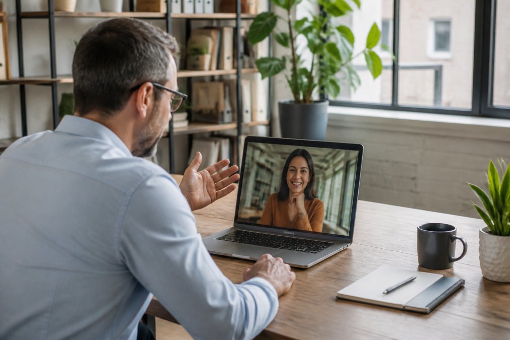 Professional coach working on laptop with client visible on video call screen in modern organized office space with natural lighting