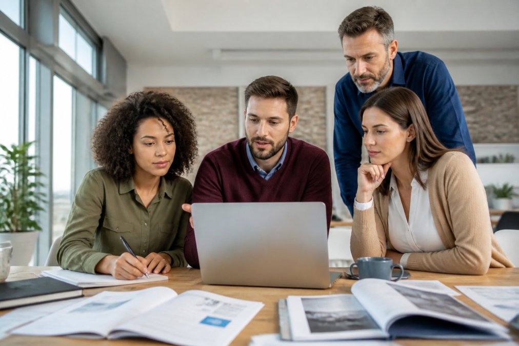 Une équipe de formateurs et de responsables RH examinant une plateforme e-learning sur un écran d'ordinateur portable dans un bureau moderne et lumineux, avec des documents de formation sur la table