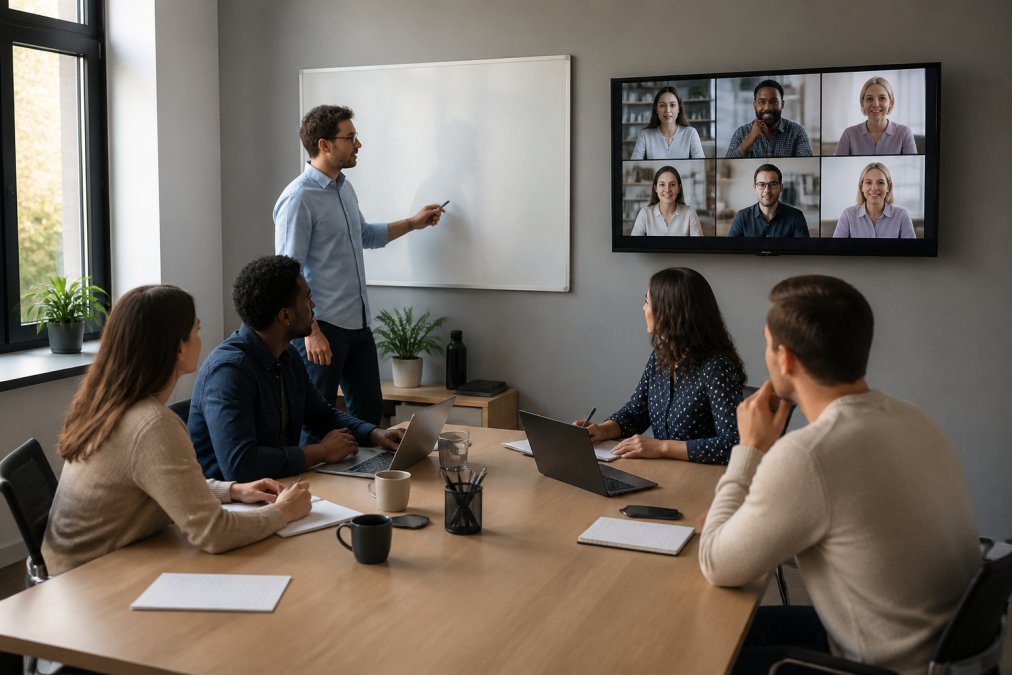 Un groupe d'employés en réunion hybride avec certains au bureau assis autour d'une table et d'autres en visioconférence sur un écran partagé, avec un facilitateur présentant sur un tableau blanc