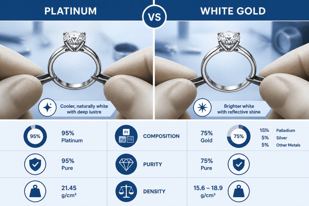 Close-up of a jeweler's hands holding two engagement rings side by side, one platinum and one white gold, under bright workshop lighting, clearly showing the difference in colour depth and lustre