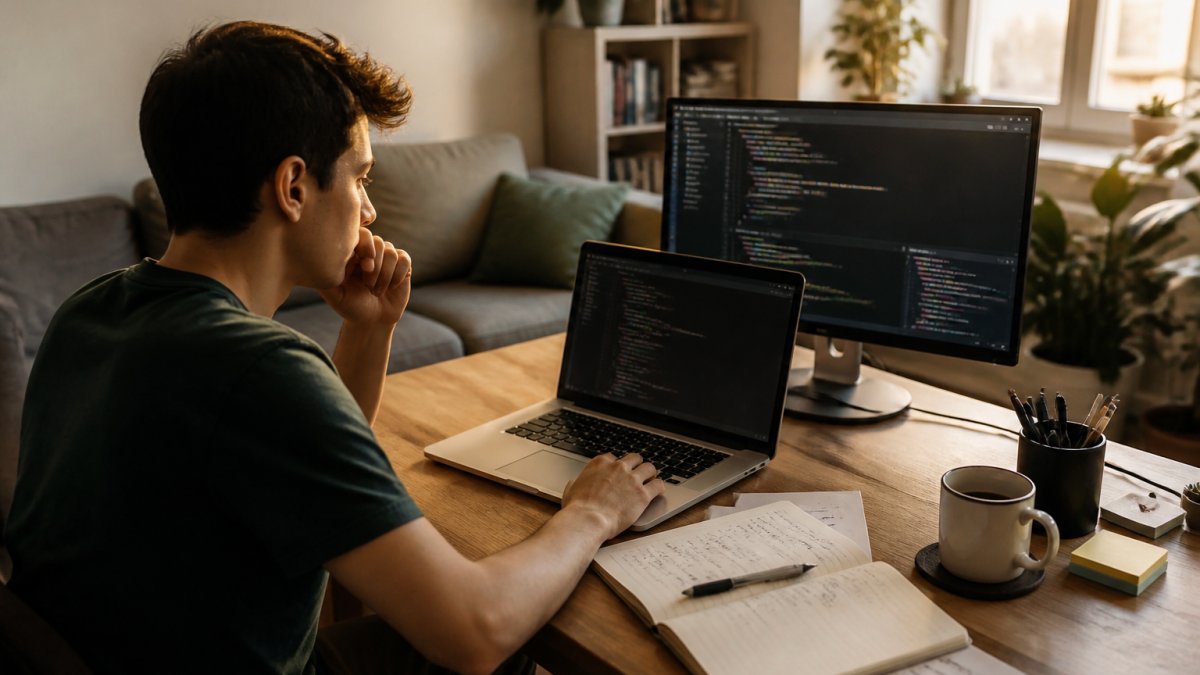 Persona joven estudiando programación en un portátil sobre una mesa de trabajo con dos pantallas, apuntes manuscritos y una taza de café, luz cálida de tarde en un salón