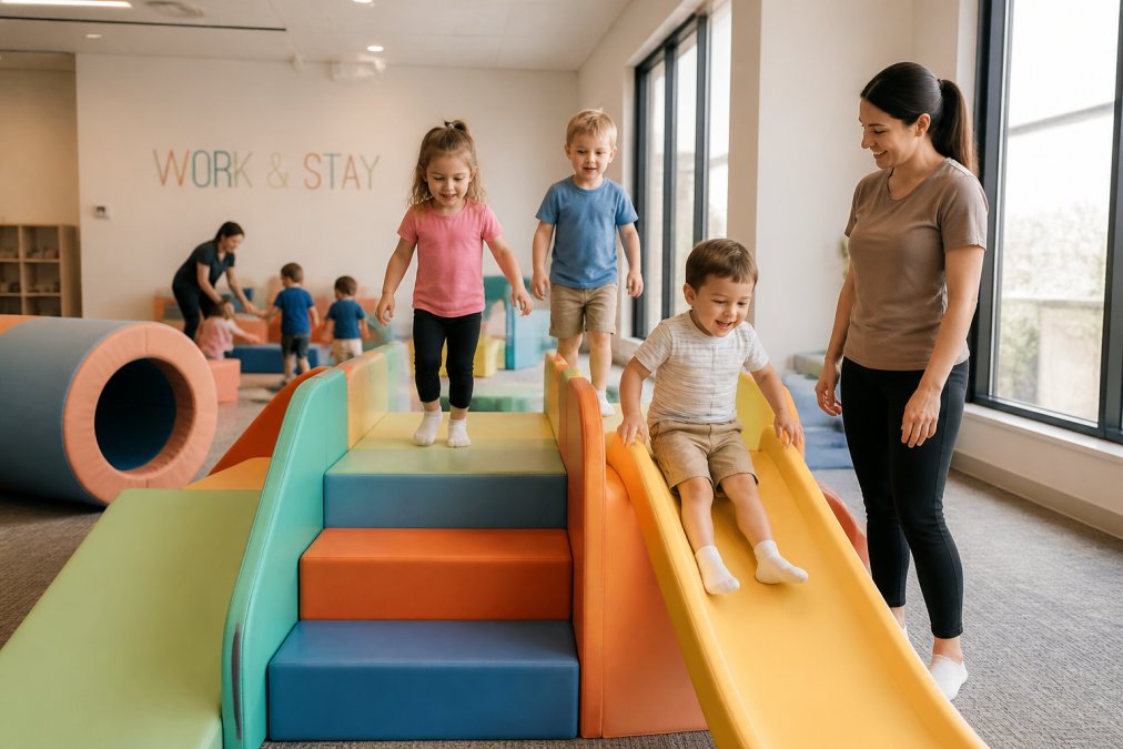 Toddlers and preschoolers climbing on colorful soft play structures, sliding down padded slides, and playing in a bright, climate-controlled indoor playground with supervision by staff members