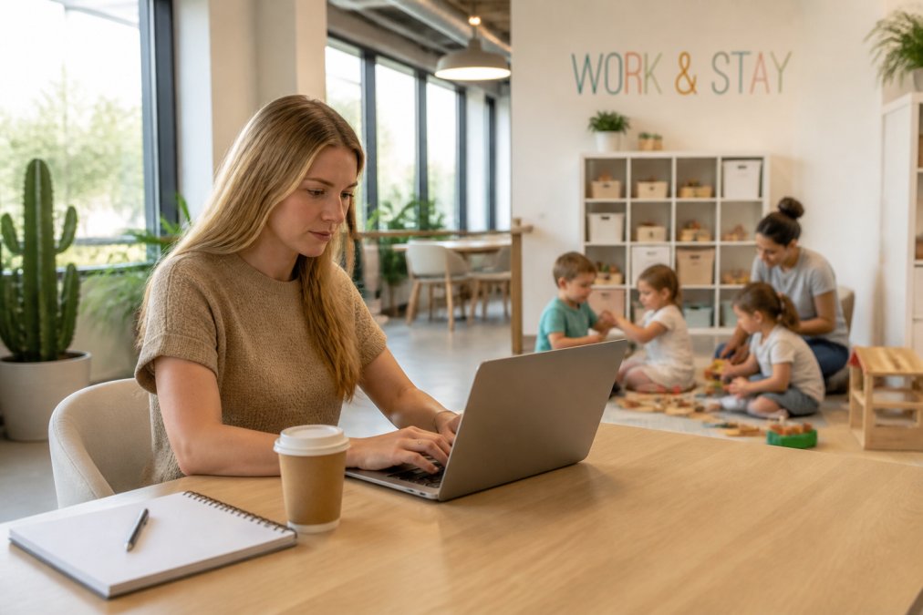 Parent working at a modern desk in a bright coworking space with natural light streaming through windows, typing on laptop with focused expression, while in an adjacent visible area children engage in supervised play activities with staff