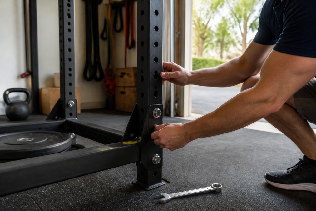 Close-up of a person's hands checking the bolts and welded joints of a used squat rack in a home garage gym, a wrench resting on the floor nearby, natural daylight from a garage door