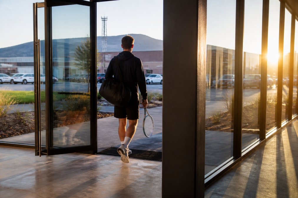 A player holding a racket and sports bag walks through the glass entrance of a modern indoor squash facility at dawn, soft morning light spilling across the polished floor
