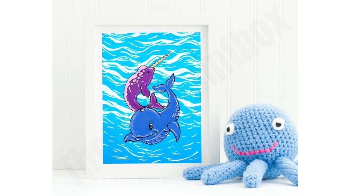 Playful Ocean Blue Whale & Narwhal Nursery Room Poster Print