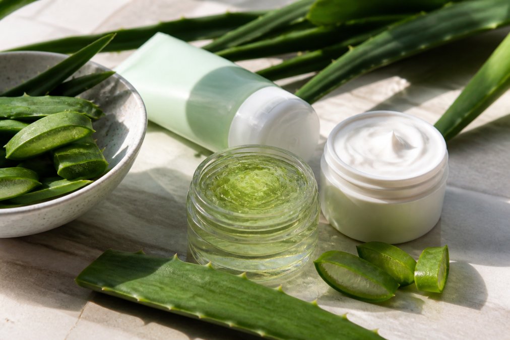 Samling af naturlige hudplejeprodukter, herunder Aloe Vera-cremer, geler og fugtcremer arrangeret på en lys overflade med friske aloe-blade