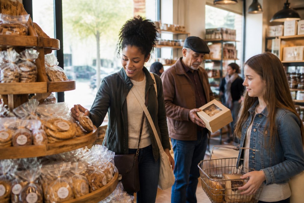 Diverse shoppers browse a tiered wooden display filled with cookies to share inside a bright specialty food store.