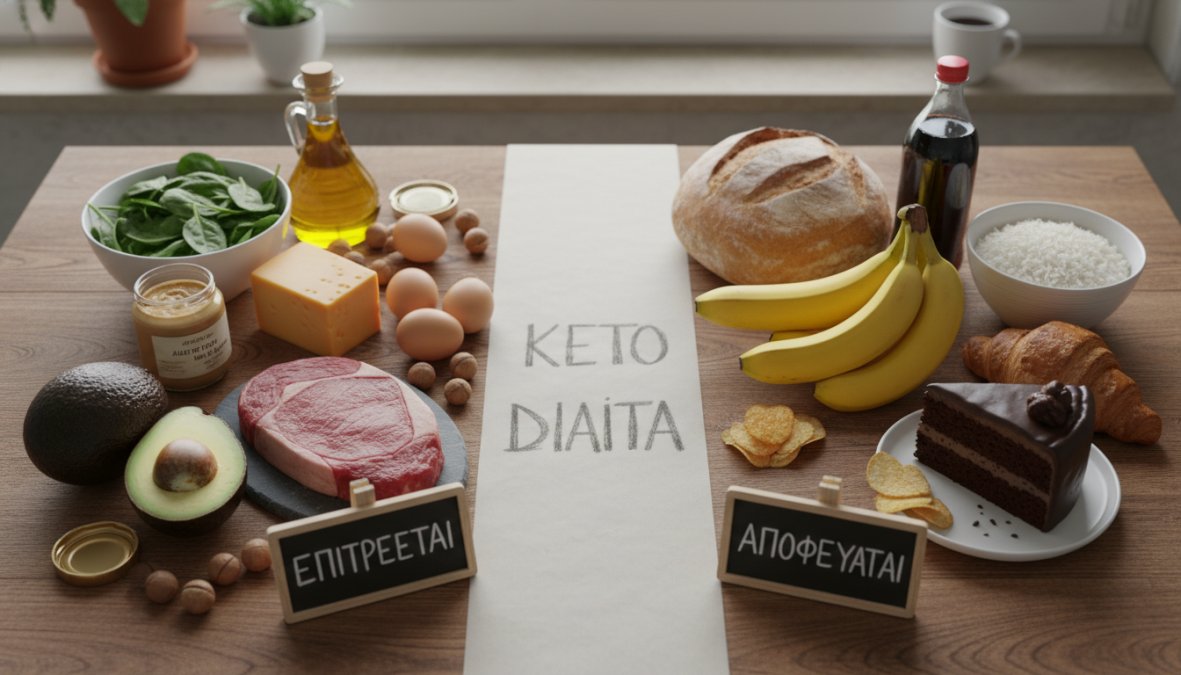 Overhead flat lay of keto-friendly foods arranged on a rustic wooden kitchen surface: two halved avocados, a glass bottle of olive oil, cracked eggs, a fresh salmon fillet, mixed nuts, dark leafy greens, and cubes of aged cheese, all photographed under warm natural window light