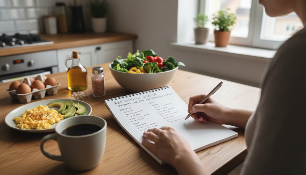 A woman writing a weekly meal plan in an open notebook at a wooden kitchen table, surrounded by fresh keto foods including halved avocados, a bowl of eggs, leafy greens, and a steaming cup of black coffee, photographed in warm morning light