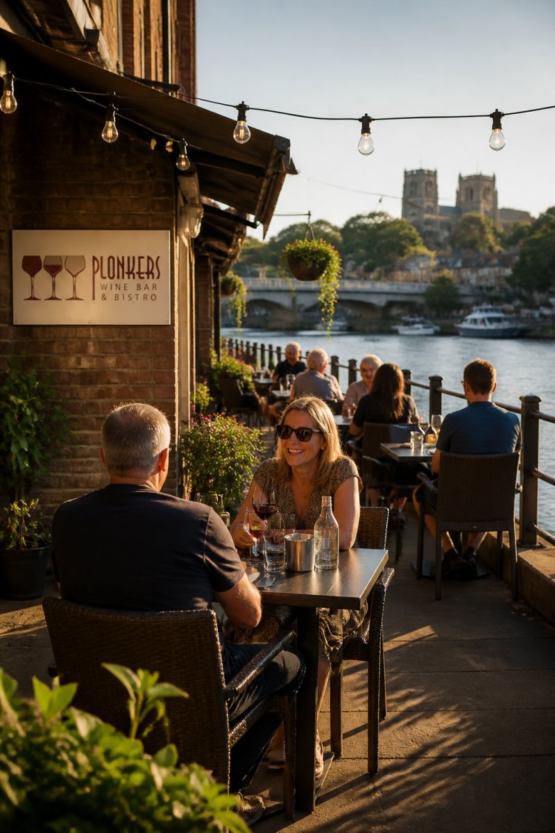 Diners enjoy drinks on a sunlit riverside terrace at one of York’s independent bistros with glowing string lights.