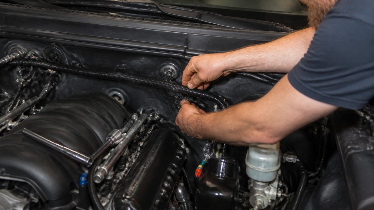 A mechanic's hands routing a plug-and-play wiring harness along the firewall of an LS-powered car in a home garage, socket wrench resting on the intake manifold, warm overhead shop lighting