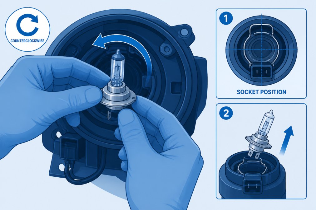 Mechanic's hands carefully removing an old halogen bulb from a vehicle headlight socket, showing the counterclockwise rotation motion and socket positioning clearly