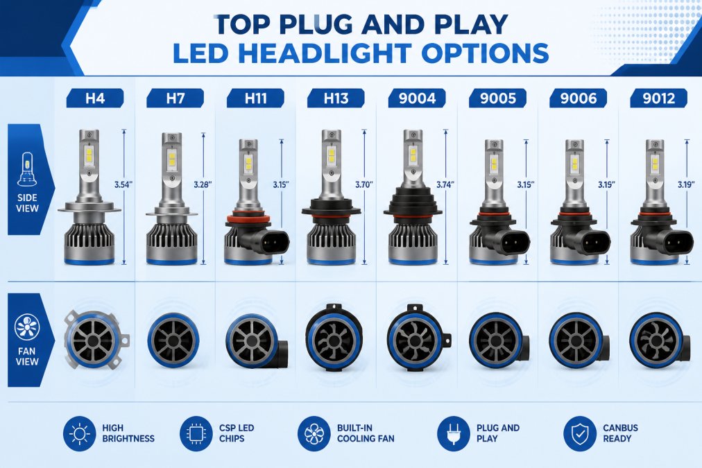 Close-up of multiple LED headlight bulbs arranged by socket type (H4, H7, H11, H13, 9004, 9005, 9006, 9012), displaying their different sizes, aluminum cooling housings, and integrated fan designs clearly