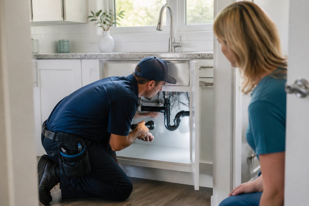 A professional plumber in uniform kneeling beside an open kitchen sink cabinet, inspecting the drain trap with a flashlight while a homeowner watches from the doorway, bright natural light through a window