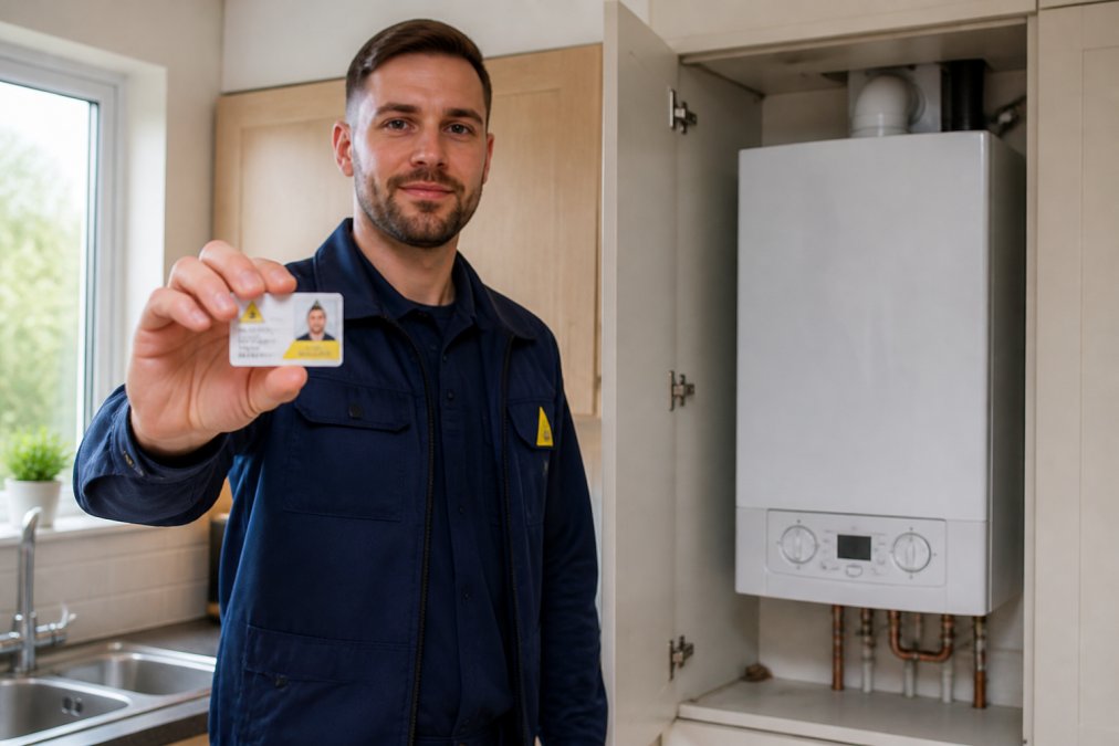 A professional engineer in branded navy workwear holding a Gas Safe ID card up to the camera, standing beside a modern combi boiler in a clean, bright UK kitchen