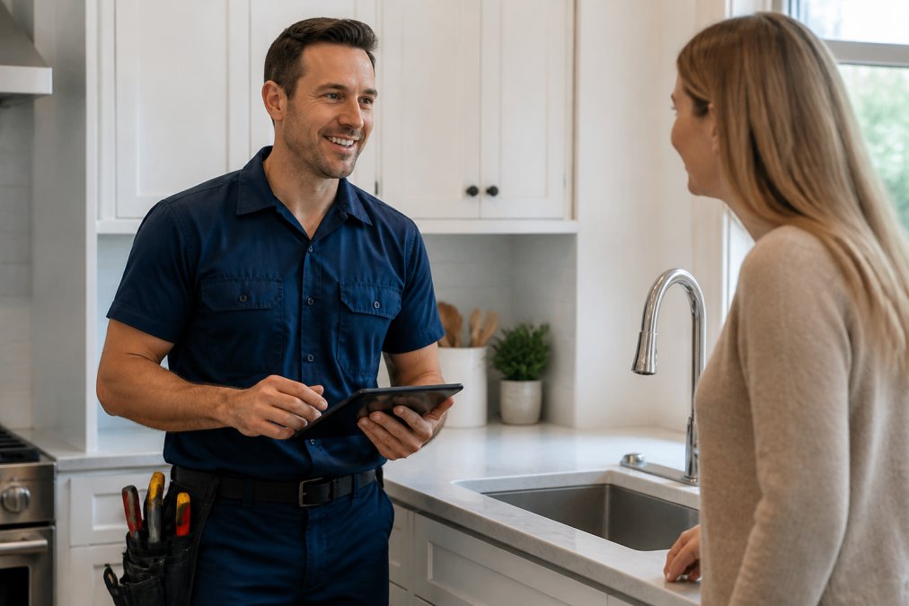 A professional, uniformed plumber in a modern kitchen, smiling while holding a tablet, ready to explain a job to a homeowner