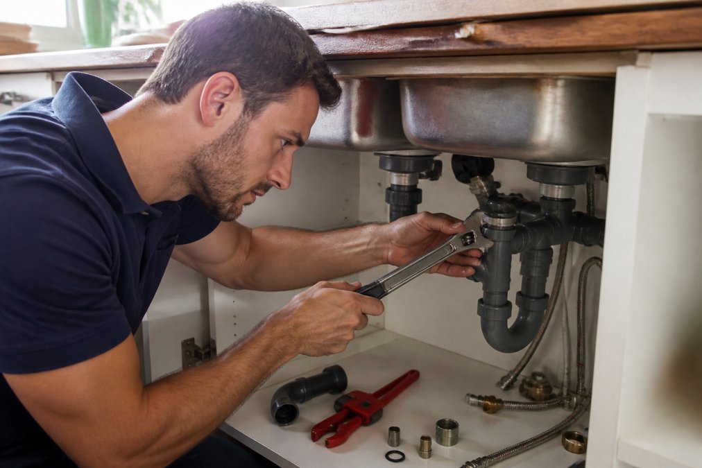 Professional plumber working on water pipes under a sink, using adjustable wrench and other tools to repair pipework connections with visible drainage components and water systems