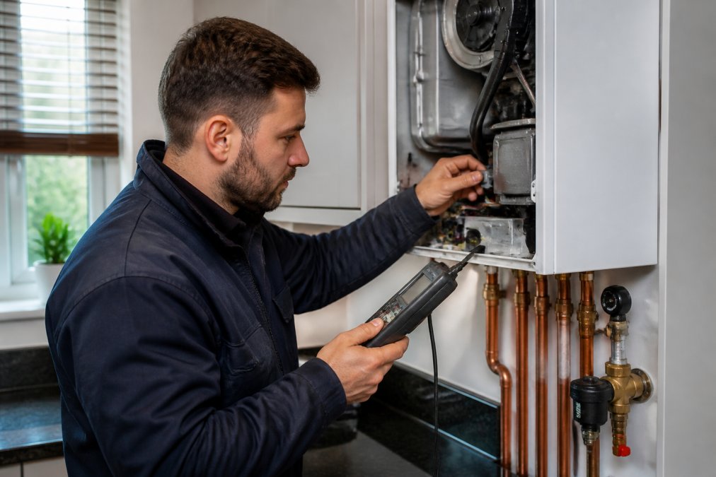 Gas Safe registered heating engineer in work uniform inspecting a modern condensing boiler system in residential kitchen, holding diagnostic tools and checking pipework connections and safety valves