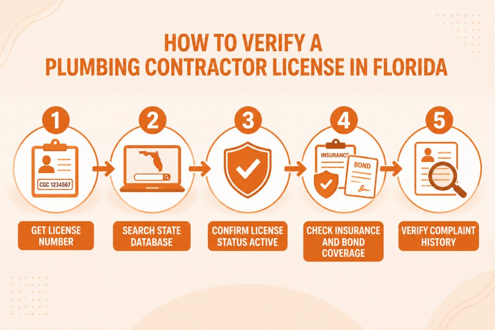 Flowchart showing the steps to verify a Florida plumbing contractor license: 1) Get license number from contractor, 2) Search the state licensing database, 3) Confirm license status is active, 4) Check insurance and bond coverage, 5) Verify complaint history