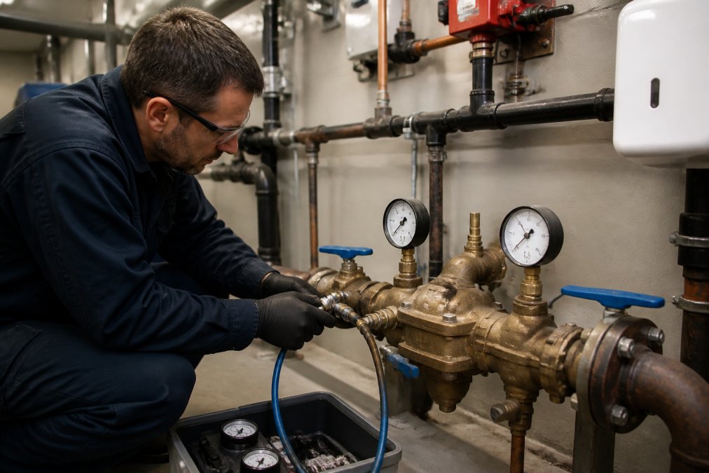 Professional technician inspecting and testing a backflow prevention device on hospital plumbing system with pressure gauges and testing equipment visible in mechanical room