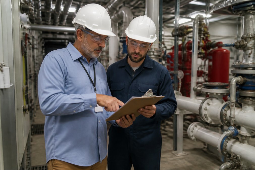 Facility manager and certified plumbing technician reviewing comprehensive maintenance checklist at a hospital's mechanical room with visible pipes, valves, and equipment in background