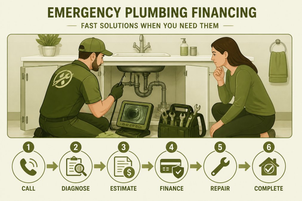 Professional plumber in work uniform assessing a pipe issue under a sink while homeowner watches, showing diagnostic process with tools and inspection equipment