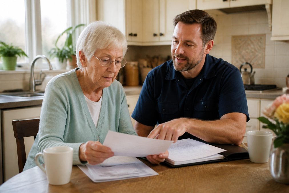 A senior homeowner sitting at a kitchen table reviewing financial documents and a laptop, a friendly plumbing professional pointing at a payment schedule, warm natural light through the window