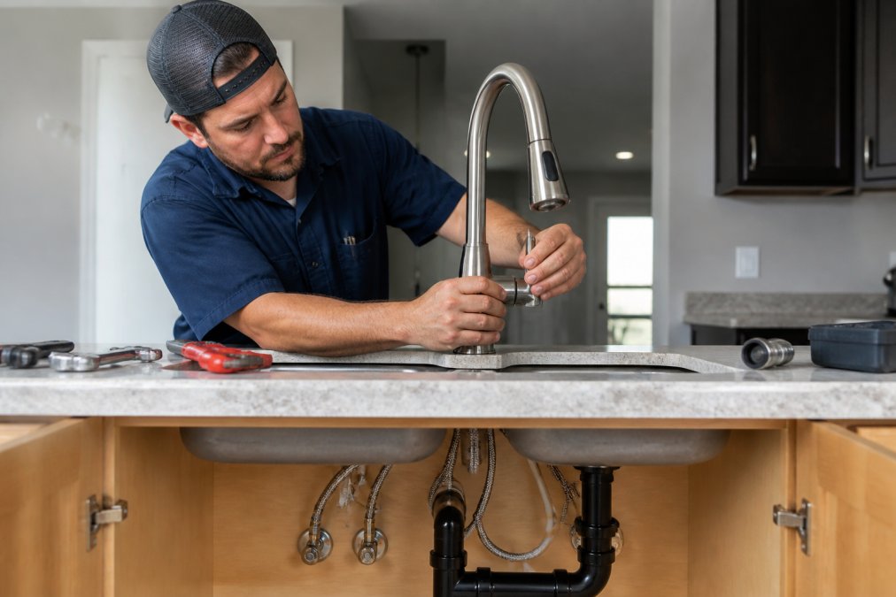 Licensed plumber installing a new kitchen faucet, showing the shutoff valves and water supply lines beneath the sink with professional tools visible