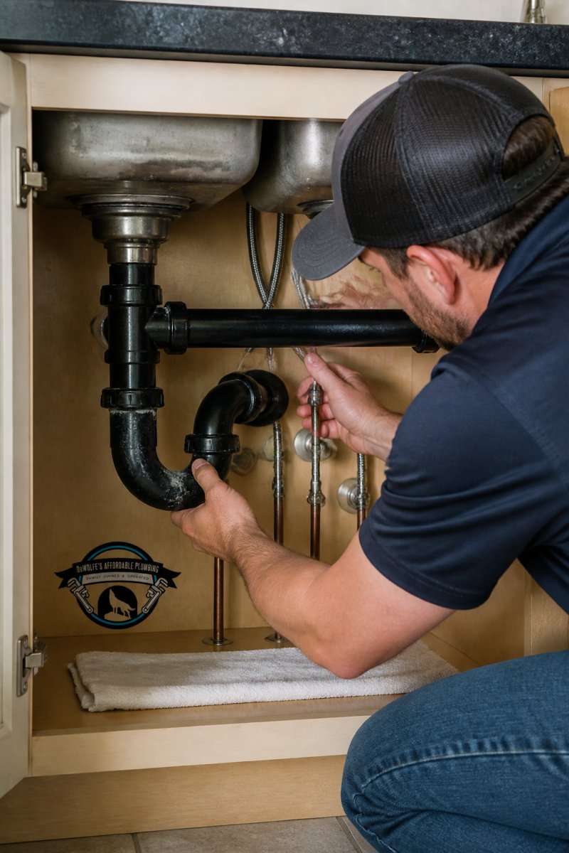 Close-up of homeowner's hands inspecting under kitchen sink, checking supply lines and P-trap for moisture and mineral deposits on pipes