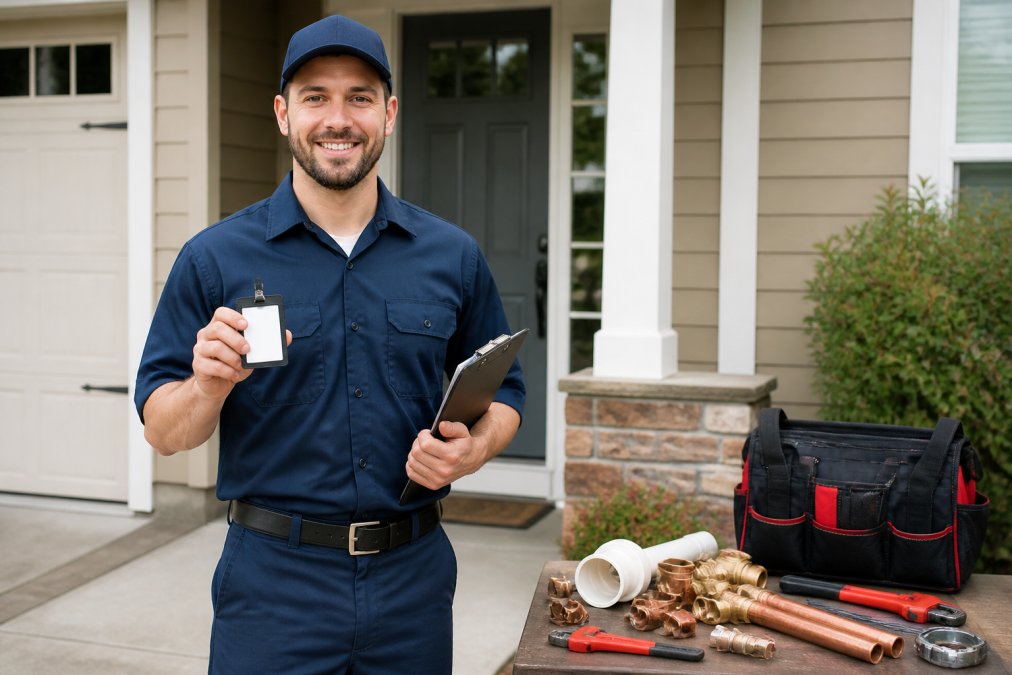 Professional plumber in uniform holding credentials and standing confidently in front of residential home entrance, smiling with trustworthy demeanor