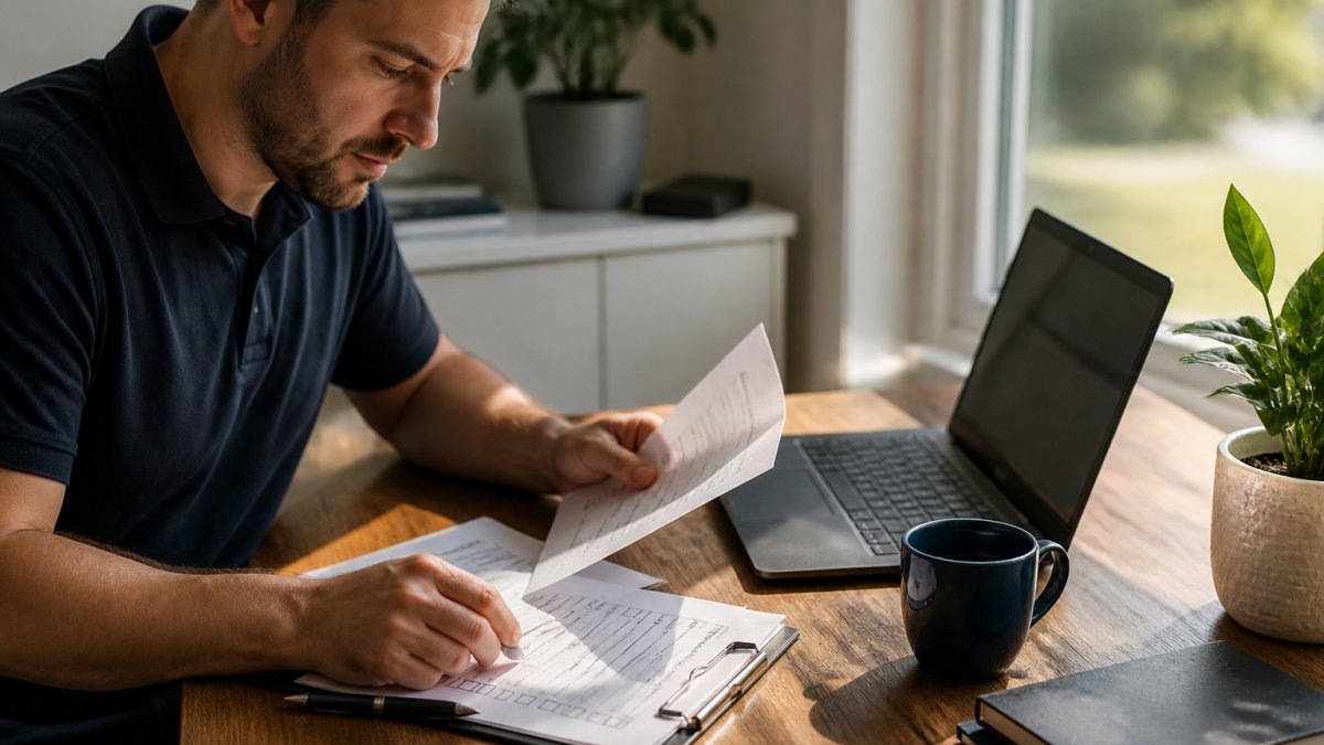 A person reviewing a checklist and documents at a desk with a laptop and coffee, morning light through a window