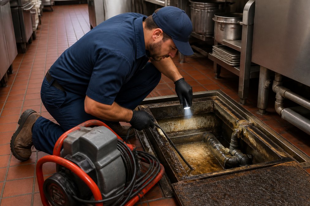 Licensed plumber in uniform inspecting commercial kitchen grease trap system and drain lines with diagnostic equipment and flashlight in professional restaurant setting