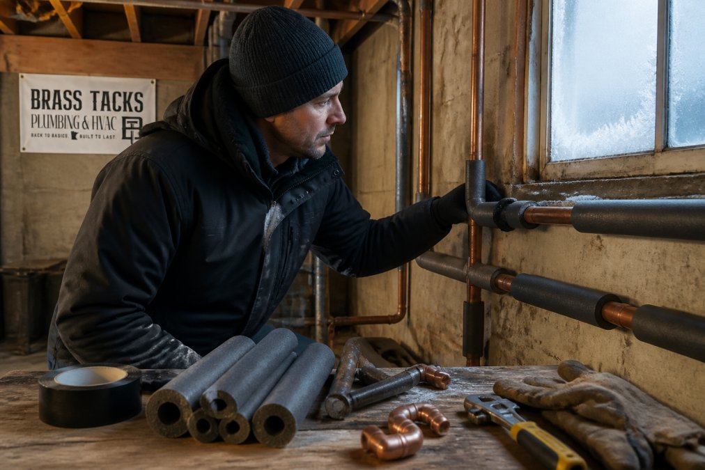 Homeowner inspecting insulated copper pipes in a cold basement for plumbing maintenance.