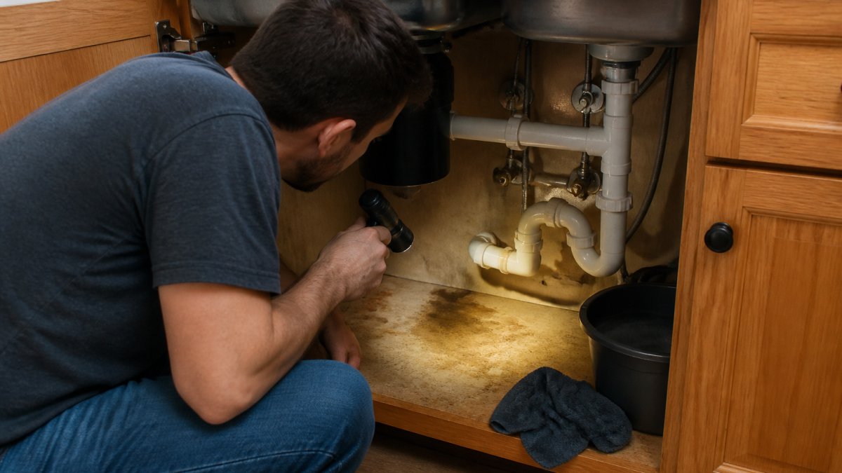 A homeowner in casual clothes kneeling under a kitchen sink with a flashlight, inspecting the pipes and cabinet floor for leaks or water stains, with a small bucket and rag nearby