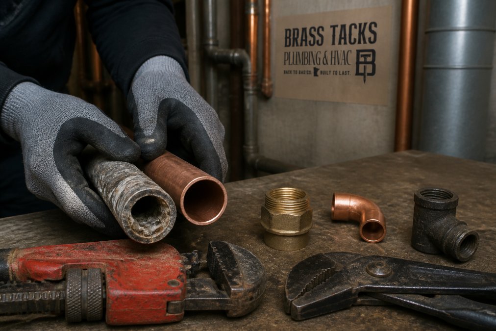 Close-up of a plumber's gloved hands holding a short section of corroded galvanized steel pipe next to a newer copper pipe on a workbench, with pipe wrenches and fittings visible in a basement setting