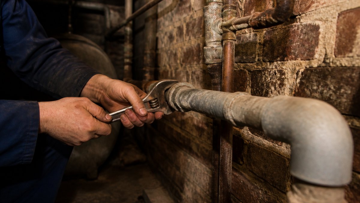 A close-up of a plumber's hands using a wrench on an old, exposed lead pipe in a dimly lit Victorian tenement basement, with brick walls and historic pipework visible