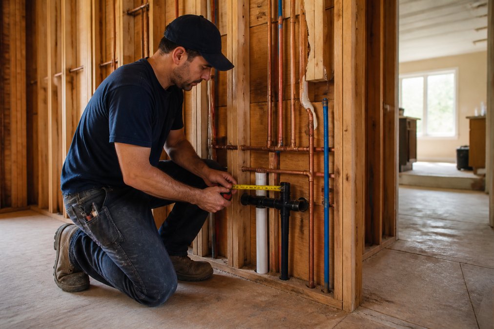 Plumber measuring a drain stub-out during a kitchen plumbing rough-in