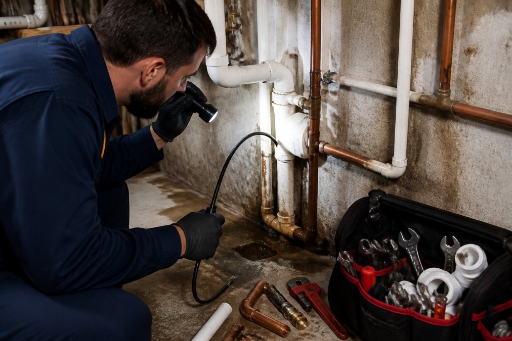 Licensed plumber in work uniform using inspection camera and flashlight to examine copper and PVC piping in a townhouse basement, with visible pipe connections and water damage staining on concrete walls