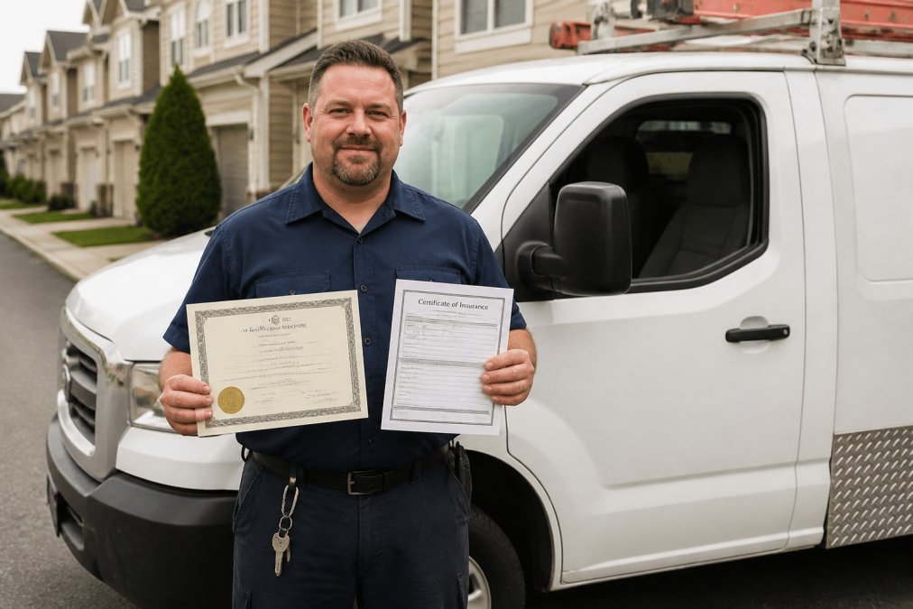 Professional plumber in branded work uniform holding licensing credentials and insurance documents, standing confidently in front of a service truck with company logo and contact information visible on the vehicle door