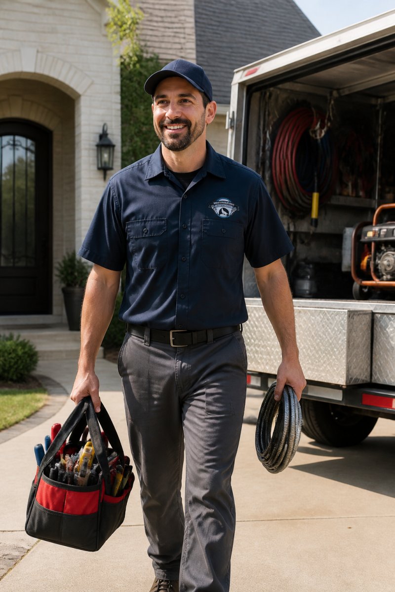 Professional plumber in uniform arriving at residential home with service truck, tools visible in background, showing readiness and reliability