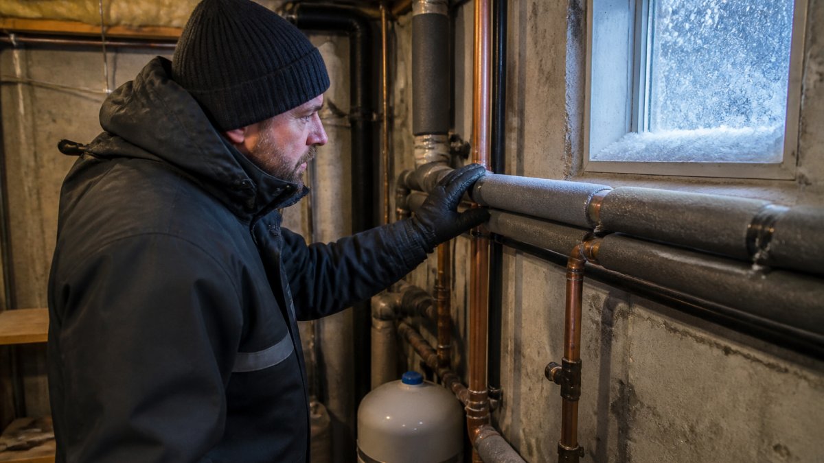 Homeowner inspecting insulated pipes for plumbing services in a freezing basement utility room