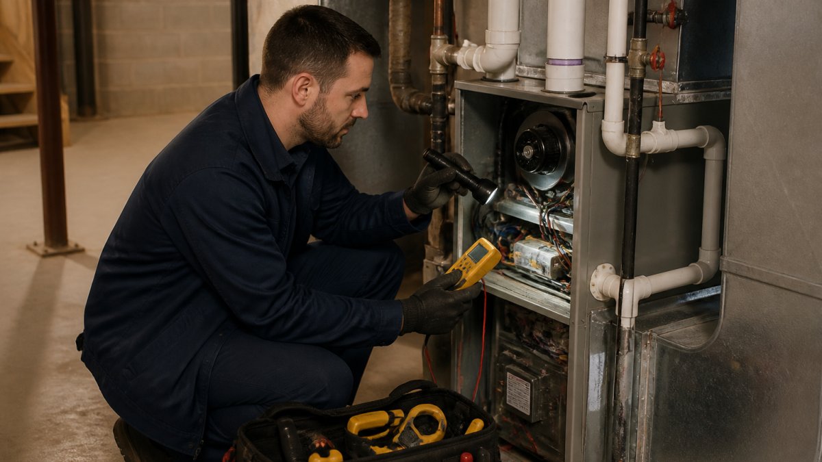 Professional HVAC technician examining furnace system in residential basement utility room with diagnostic tools
