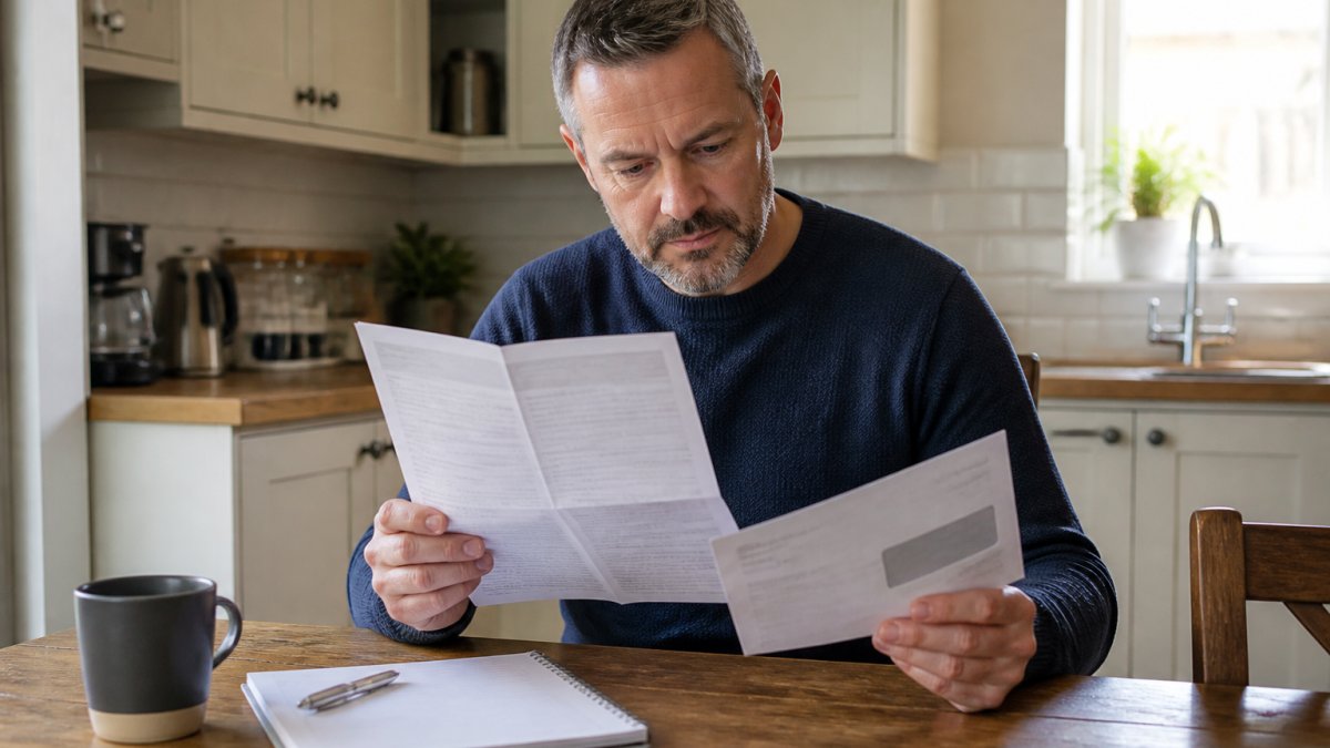 Homeowner holding plumbing warranty paperwork and documentation at kitchen table with notepad