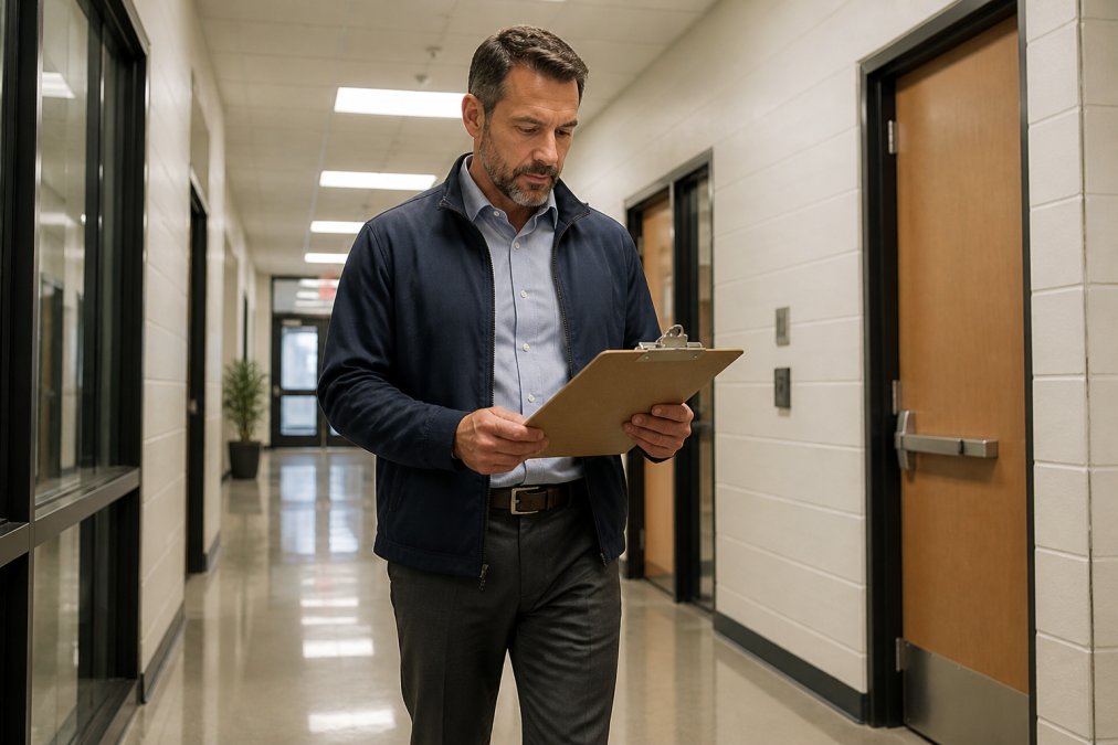A property manager in business casual attire reviewing a printed maintenance checklist on a clipboard while walking through a well-lit commercial building corridor, fluorescent overhead lighting, doors visible in background